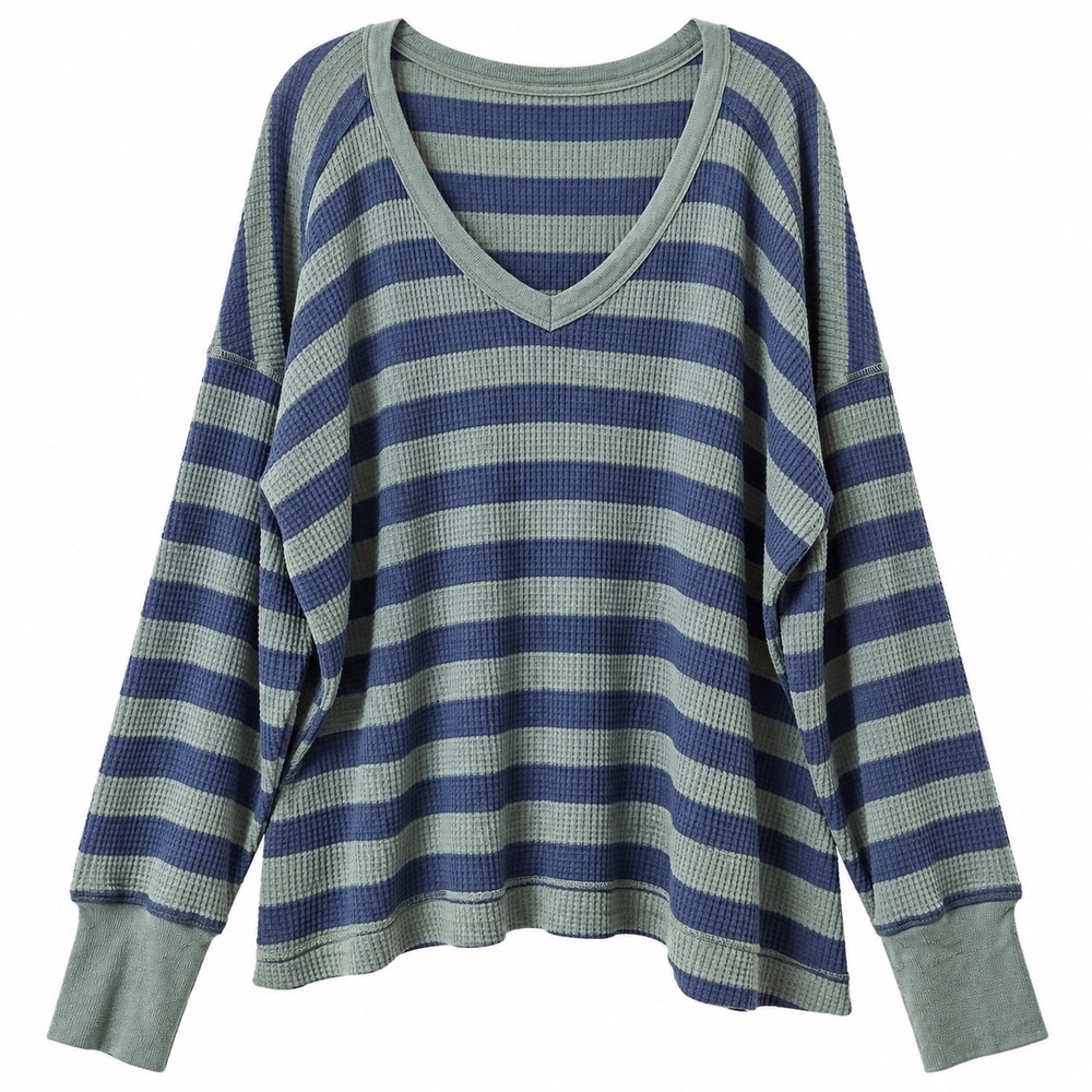 OFFLINE By Aerie Dolman Sleeve Waffle Knit Thermal Top Sz XL Green Blue Striped